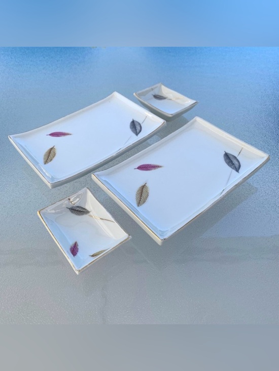 Other - Japanese Leaf Design Ceramic Sushi Serving Plates with Sauce Bowls, 4-Piece Set